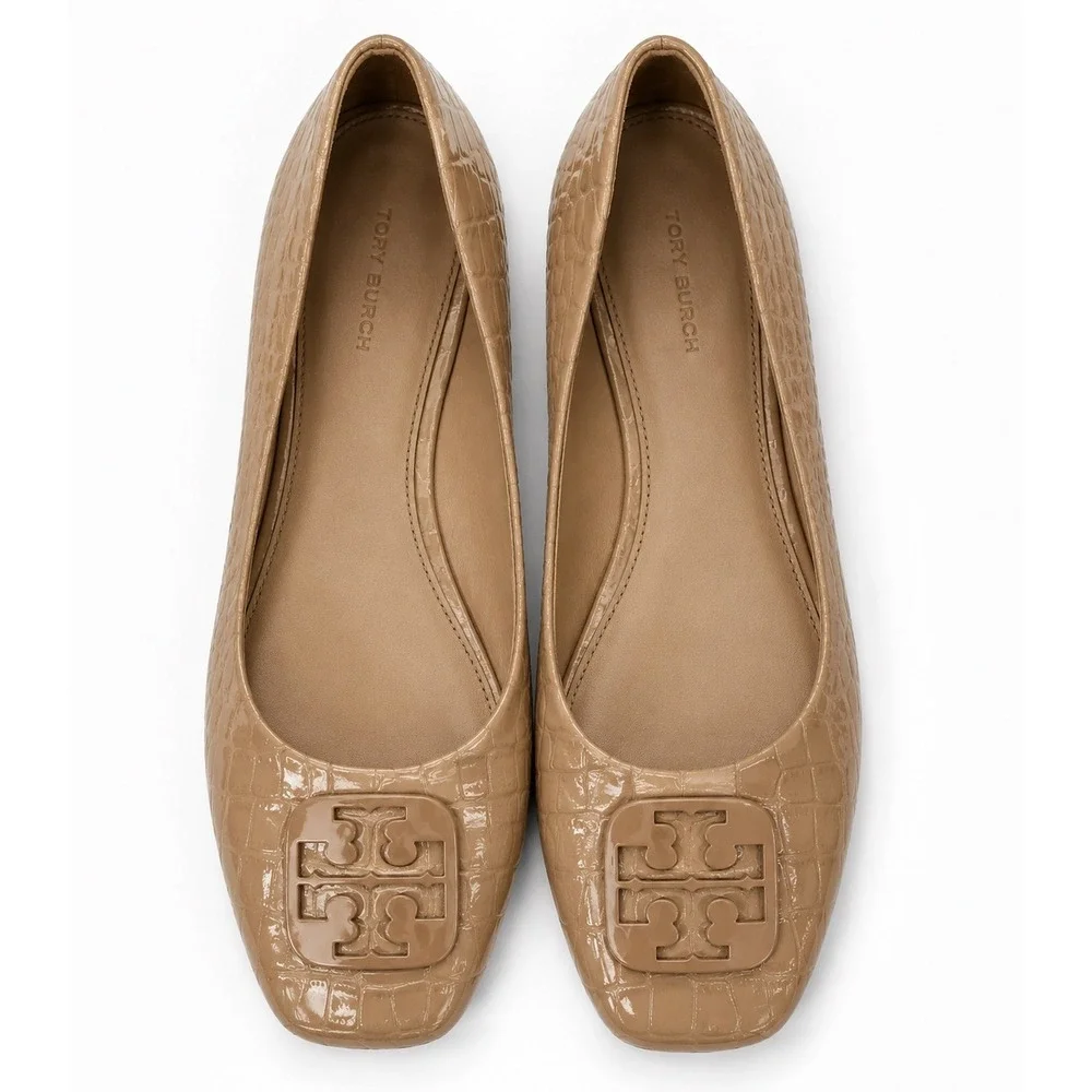 Tory Burch Ballet Flats Women 9M Tan Good Croc Embossed Logo Square Toe